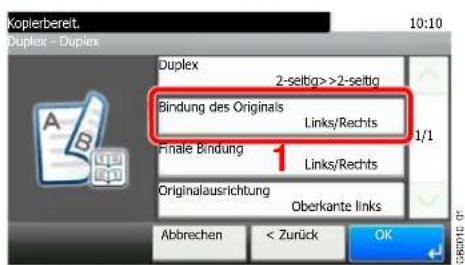 Kopierbereit. Duplex - Duplex Duplex 2-seitig>>2-seitig Bindung des Originals Links/Rechts Finale Bindung 1 Links/Rechts Originalausrichtung Oberkante links Abbrechen < Zurück OK
