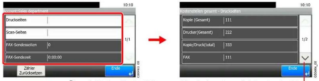 Account:Sales department Druckseiten Scan-Seiten FAX-Sendesseiten 0 FAX-Sendezeit 0:00:00 Zähler Zurücksetzen Ende Kostensteilen gesamt - Druckseiten Kopie (Gesamt) 111 Drucker(Gesamt) 222 Kopie/Druck(total) 333 FAX 111 Ende 080463_00 1/1 1/2 080464_00
