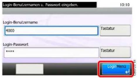 Login-Benutzernamen u. Passwort eingeben. 10:10 Login-Benutzername 4000 Tastatur Login-Password **** Tastatur LoginMenu