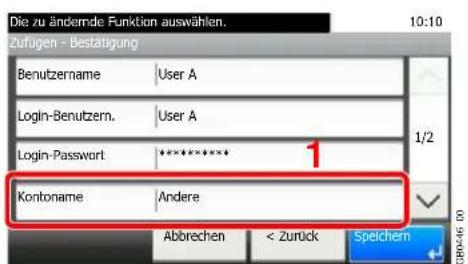Die zu ändernde Funktion auswählen. Zufügen - Bestätigung Benutzername User A Login-Benutzern. User A Login-Password ****** Kontoname Andere 1/2 Abbrechen < Zurück Speichern