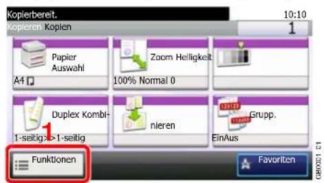 Kopierbereit. Kopieren: Kopien 10:10 1 Papier Auswahl A4 Zoom Helligkeit 100% Normal 0 Duplex Kombl- 1-seitig: >1-seitig nieren Grupp. EinAus Funktionen Favorite