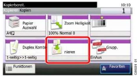 Kopierbereit. 10:10 Kopieren Kopien Papier Auswahl Zoom Helligkeit A41 100% Normal 0 Duplex Kombi nieren Grupp. 1-seitig >>1-seitig Ein/Aus Funktionen Favorite G50001 01