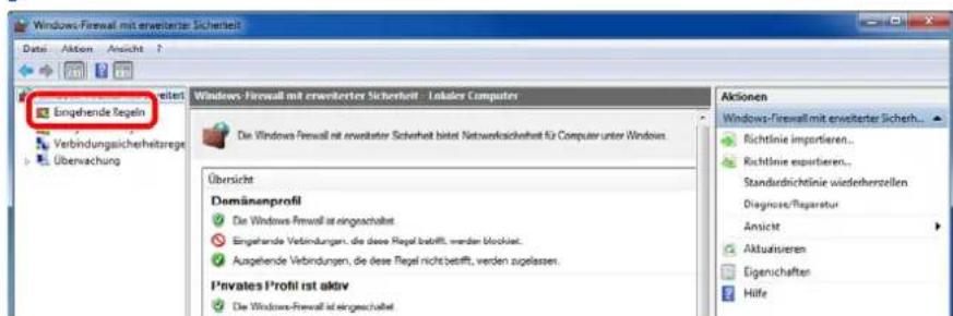 Windows-Firewall mit erweiterter Sicherheit Data Aktien Ansicht ? Einst Eingehende Regel Verbindungsicherheitreges Überwachung Windows-Firewall mit erweiterter Sicherheit - Lokales Computer Die Windows-Firewall mit erweiterter Sicherheit bietet Netwerkssicherheit für Computer unter Windows. Übersicht Demänenprofil Die Windows-Firewall ist eingeschaltet Eingehende Verbindungen, die diese Regel betrifft, werden blockiert. Ausgehende Verbindungen, die diese Regel nicht betrifft, werden zugelassen. Privates Profit ist aktiv Die Windows-Firewall ist eingeschaltet Aktionen Windows-Firewall mit erweiterter Sicherh... Richtlinie importieren... Richtlinie exportieren... Standardrichtlinie wiederherzellen Diagnose/Reparatur Ansicht Aktualsieren Eigenchaften Hilfe