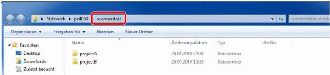 Netzwerk ▶ pc4050 ▶ scannerdata Organicieren ▼ Freigeben für ▼ Britten Neuer Ordner Favoniten Desktop Downloads Zuletzt besucht Name projectA projectB Änderungsdatum Typ Größe 25.05.2010 22:30 Dateiordner 26.05.2010 15:33 Dateiordner