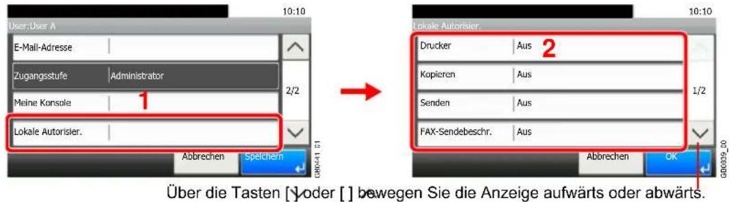 User:User A E-Mail-Adresse Zugangsstufe Adminisbator Meine Konsole 1 Lokale Autorisler. Abbrechen Speichern GRO041 01 Lokale Autorisler. Drucker Aus 2 Kopieren Aus Senden Aus FAX-Sendebeschr. Aus Über die Tasten [ ] oder [ ] bewegen Sie die Anzeige aufwärts oder abwärts. Abbrechen OK GRO039_00