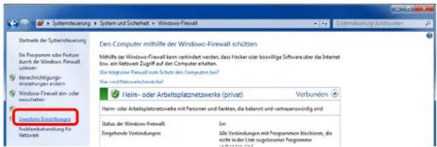 Startseite der Systemsteuerung Ein Programm oder Feature durch die Windows-Firewall zusseren Benachrichtigungs- einstellungen anders Windows-Firewall ein- oder ausschaften Disruptive Einstellungen Probleibehandlung für Nettwerk Den Computer mithilfe der Windows-Firewall schützen Mihilfe der Windows-Firewall kann verhindert werden, dass Hocker oder böswillige Software über das Internet bzw. ein Nettwerk Zugriff auf den Computer erhalten. Wir trägtrine Finwall zum Schutz des Computers bei? Wir und Nettwerkbestandete? Heim- oder Arbeitsplatznetzwerke (privat) Verbunden Heim- oder Arbeitsplatznetzwerke mit Personen und Geräten, die bekannt und vertrauenswürdig sind Status der Windows-Firewall: Eingehende Verbindungen: Ein Alle Verbindungen mit Programmen blockiern, die sicht in der Listes zuglassener Programme inverbindt sind