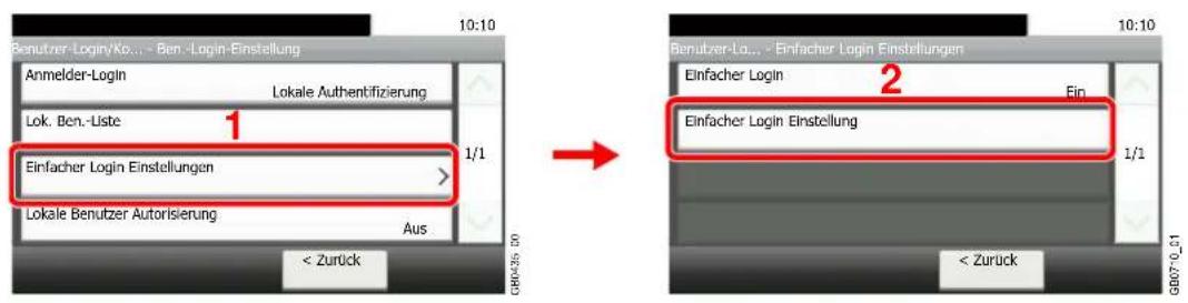 Benutzer-Login/Ko... - Ben -Login-Einstellung Anmelder-Login Lokale Authentifizierung Lok. Ben.-Liste 1 Einfacher Login Einstellungen 1/1 Lokale Benutzer Autorisierung Aus < Zurück 2 Einfacher Login Ein Einfacher Login Einstellung 1/1 < Zurück 10:10 10:10 GB67-0_01