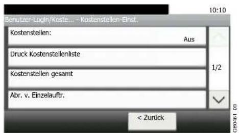 Benutzer-Login/Koste... - Kostenstellen-Einst. 10:10 Kostenstellen: Aus Druck Kostenstellenliste 1/2 Kostenstellen gesamt Abr. v. Einzelauftr. < Zurück
