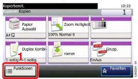 Kopierbereit. Kopieren. Kopien 10:10 1 Papier Auswahl Zoom Helligkeit A4 100% Normal 0 Duplex Kombi- 1-seitig>>1-seitig nieren Grupp. EinAus Funktionen Favorite 01