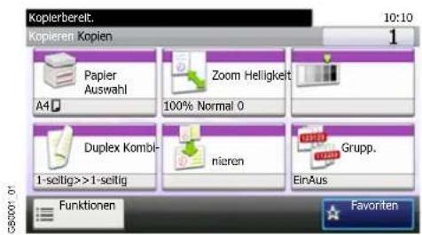Kopierbereit. 10:10 Kopieren Kopien Papier Auswahl A4 Zoom Helligkeit 100% Normal 0 Duplex Kombi- 1-seltig>>1-seltig nieren EinAus Grupp. Funktionen Favorite
