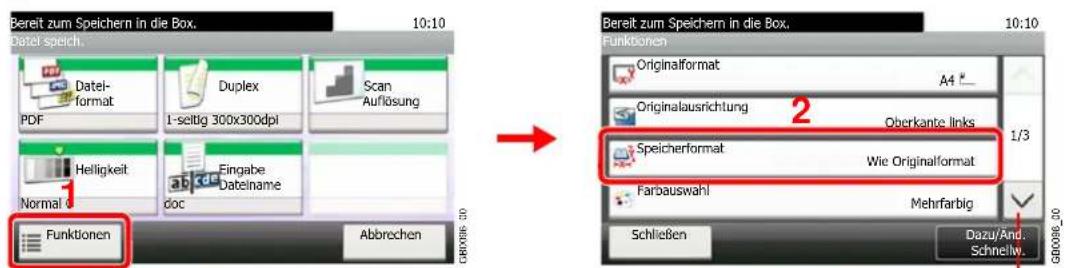 Bereit zum Speichern in die Box. 10:10 Datei speich. Datei- format Duplex Scan Auflösung PDF 1-seltig 300x300dpi Helligkeit Fingabe Dateiname Normal doc Abbrechen Funktionen Abbrechen Bereit zum Speichern in die Box. 10:10 Funktionen Originalformat A4 Originalausrichtung Oberkante links Speicherformat Wie Originalformat Farbauswahl Mehrfarbig Schließen Dazu/And. Schnellw. 2 1/3 GB0086-20