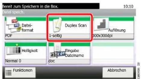 Bereit zum Speichern in die Box. 10:10 Datei speich. Datei- format Duplex Scan 1-seitig Auflösung PDF 300x300dpi Helligkeit Fingabe Datelname Normal 0 doc Funktionen Abbrechen