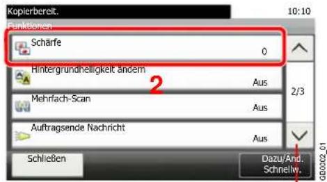 Kopierbereit. 10:10 Funktehen Schärfe 0 Hintergrundhelligkeit ändern Aus 2/3 Mehrfach-Scan Aus Auftragsende Nachricht Aus Schließen Dazu/And. Schnelly. GB00102.01