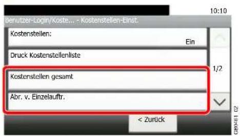 Benutzer-Login/Koste... - Kostenstellen-Einst. 10:10 Kostenstellen: Ein Druck Kostenstellenliste Kostenstellen gesamt Abr. v. Einzelauftr. < Zurück