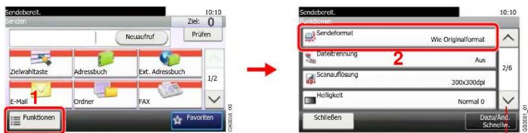 Sendebereit. 10:10 Ziel: 0 Enden Neuaufruf Prüfen Zielwahltaste Adressbuch Ext. Adressbuch 1/2 E-Mail Ordner FAX Funktionen Favorite Sendebereit. 10:10 Funktionen Sendefebereit. Wie Originalformat Dateibrennung Aus 2/6 Scanauflösung 300x300dpi Helligkeit Normal 0 Schließen Dazu/And. Schneliv. G5061_01