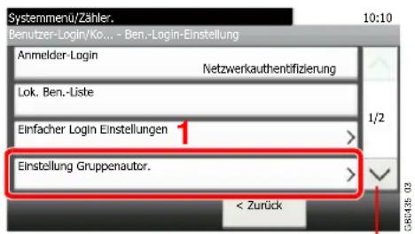 Systemmenü/Zähler. Benutzer-Login/Ko... - Ben.-Login-Einstellung Anmelder-Login Lok. Ben.-Liste Einfacher Login Einstellungen 1 Einstellung Gruppenautor. < Zurück