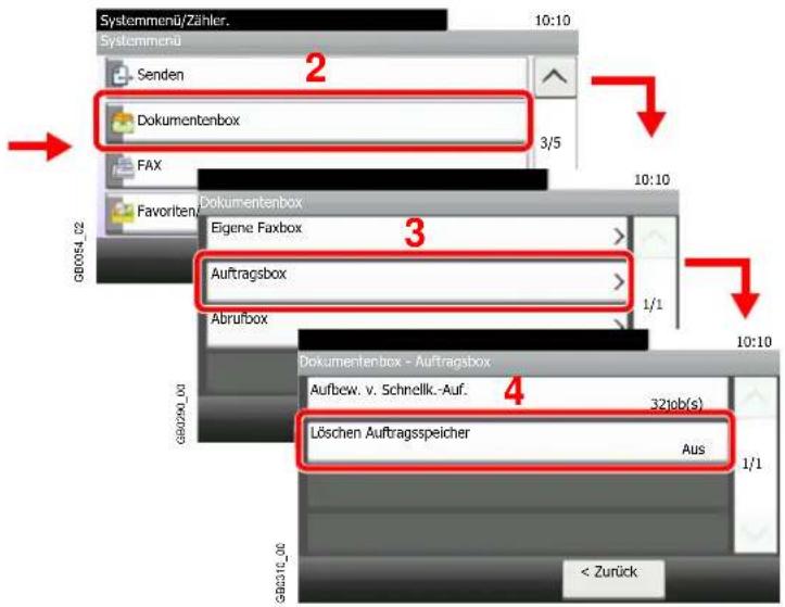 Systemmenü/Zähler. Systemmenü Senden Dokumentenbox FAX Favoriten/Dokumentenbox Eigene Faxbox Auftragsbox Abrufbox GDB054_22 GDB290_00 GDB31C_00 10:10 3/5 10:10 1/1 10:10 Aufbew. v. Schnellk.-Auf. 321ob(s) Löschen Auftragsspeicher Aus 1/1 < Zurück