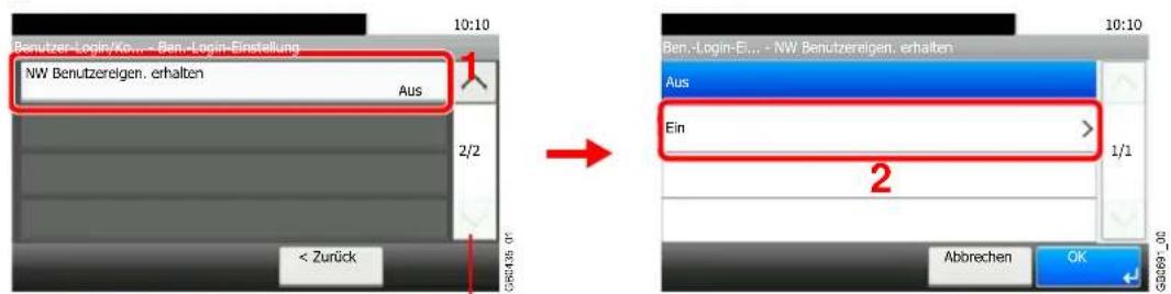 Benutzer-Login/Ko... - Ben-Login-Einstellung NW Benutzereigen, erhalten Aus 2/2 < Zurück 10:10 1 2 10:10 Ben.-Login-Ei... - NW Benutzereigen, erhalten Aus Ein 1/1 2 Abbrechen OK