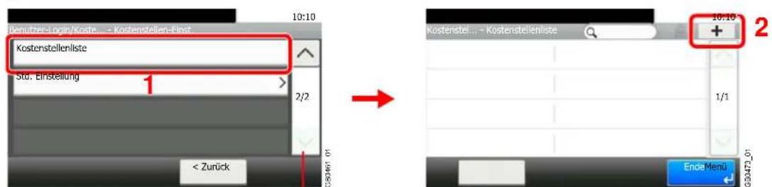 Benutzer-Login/Koste ... - Kostenstellen-Inst. Kostenstelleniste Std. Einstellung 1 2/2 < Zurück G34467_01 10:10 Kostenstell... - Kostenstelleniste + 1/1 EndeMend G34473_01 10:10 2