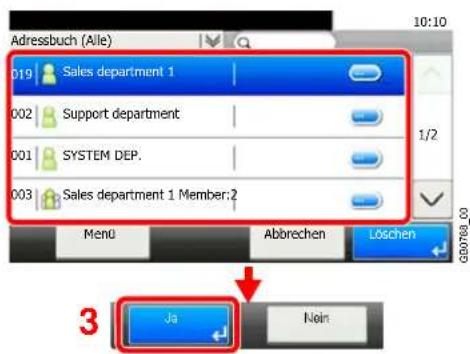 Adressbuch (Alle) 019 Sales department 1 002 Support department 001 SYSTEM DEP. 003 Sales department 1 Member:2 Menu Abbrechen Löschen 3 Ja Noin