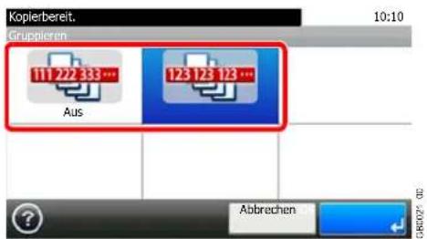Kopierbereit. 10:10 Grupieren 11 22 33 ... Aus 123 123 123 ... Abbrechen
