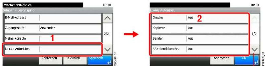 Systemmenu/Zahler. 10:10 Zufügen - Bestätigung E-Mail-Adresse Zugangsstufe Anwender 2/2 Melne Konsole Lokale Autorisier. Abbrechen < Zurück Speichern 10:10 Lokale Autorisier. Drucker Aus 2 Kopieren Aus Senden Aus FAX-Sendebeschr. Aus 1/2 Abbrechen OK