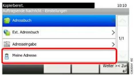 Kopierbereit. Auftragsende Nachricht - Einstellungen Adressbuch Ext. Adressbuch Adresseingabe Meine Adresse 1/1 Weiter >< Zur