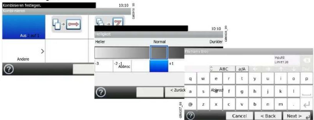 Kombinieren festiegen. 10:10 kombi-mieren GB0057_99 Aus auf 1 Helligkeit 10:10 GB0058_99 Heller Normal Dunkler -3 -2 -1 Abbrc +1 File Name Entry Input0 Limit 126 ABC a/A q w e r t y u i o p Abbrc f g h j k l @ z x c v b n m . G80057_99 < Zurück Cancel < Back Next >