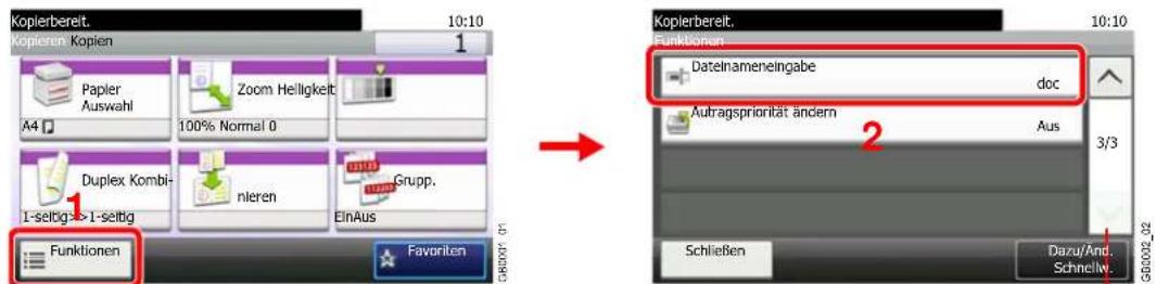 Kopierbereit. 10:10 Kopieren Kopien 1 Papier Auswahl Zoom Helligkeit A4 100% Normal 0 Duplex Kombi- nieren Grupp. 1-setbg->1-setbg ElnAus Funktionen Favorite Kopierbereit. 10:10 Funktionen Datelnameneingabe doc Autragspriorität ändern Aus 3/3 Schließen Dazu/And. Schnely