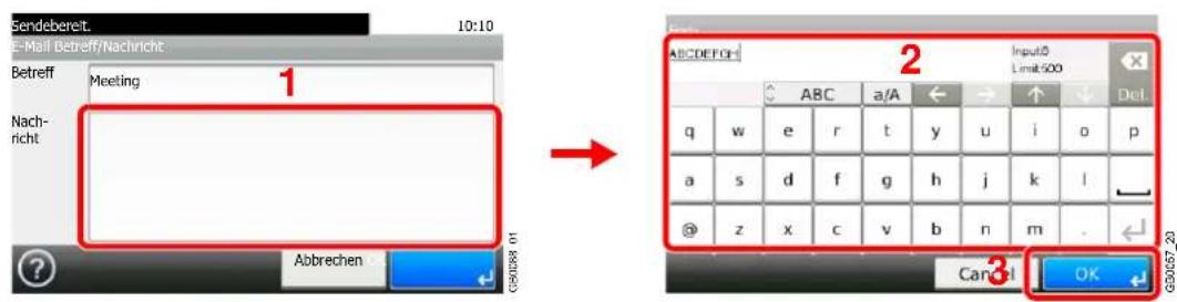 Sendebereit. 10:10 E-Mail Betreff/Nachricht Betreff Meeting Nach- richt 1 Abrechen 2 Input0 Limit 500 ABC a/A ← → ↑ ↓ Del q w e r t y u i o p a s d f g h j k l @ z x c v b n m . Cancel OK