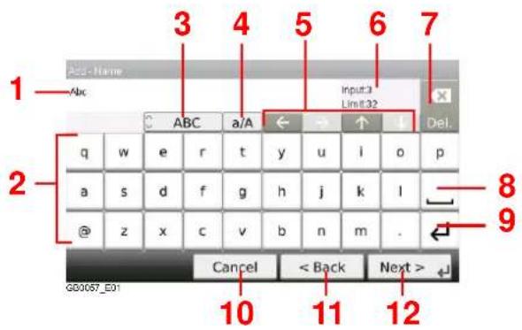 Add - Name Auc 1 3 4 5 6 7 Input:3 Limit:32 ABC a/A ← → ↑ ↓ Del. q w e r t y u i o p a s d f g h j k l @ z x c v b n m . Cancel < Back Next > 10 11 12 GB0057_E01