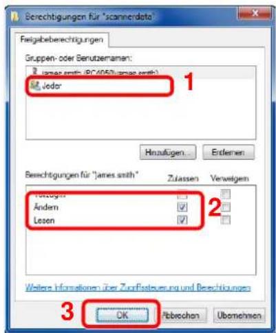 Berechtigungen für "scannendata" Feigabeberechtigungen Gruppen- oder Berutzernamen: james smith (PC 004) (james smith) Jodor 1 Hinaufügen... Erfüllen Berechtigungen für "james smith" Zusagen Verwaltigem Andem 2 Lesen 3 OK Pebrechen Übenehmen