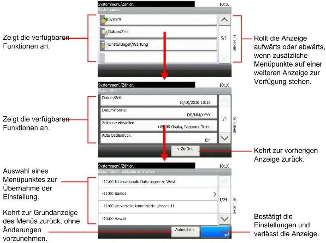 Zeigt die verfügbaren Funktionen an. Systemmenü/Zähler. 10:10 Systemmenü System Datum/Zeit Einstellungen/Wartung 5/5 GRO054_04 Rollt die Anzeige aufwärts oder abwärts, wenn zusätzliche Menüpunkte auf einer weiteren Anzeige zur Verfügung stehen. Zeigt die verfügbaren Funktionen an. Systemmenü/Zähler. 10:10 Datum/Zeit Datum/Zeit 10/10/2010 10:10 Datumsformat DD/MM/YYYY 1/3 Zeltzone einstellen. +09:00 Osaka, Sapporo, Tokio Auto Bedienrück. Ein < Zurück Kehrt zur vorherigen Anzeige zurück. Auswahl eines Menüpunktes zur Übernahme der Einstellung. Kehrt zur Grundanzeige des Menüs zurück, ohne Änderungen vorzunehmen. Systemmenü/Zähler. 10:10 Datum/Zeit – Zeitzone einstellen. -12:00 Internationale Datumsgrenze West -11:00 Samoa > 1/24 -11:00 Universelle koordinierte Uhrzeit-11 -10:00 Hawaii Bestätigt die Einstellungen und verlässt die Anzeige. Abbrechen