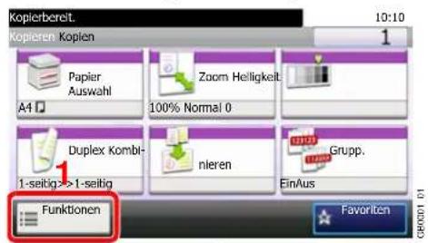 Kopierbereit. 10:10 Kopieren. Kopien Papier Auswahl Zoom Helligkeit A4 100% Normal 0 Duplex Kombi- 1-seitig->1-seitig nieren Grupp. EinAus Funktionen Favorite CFR001 01