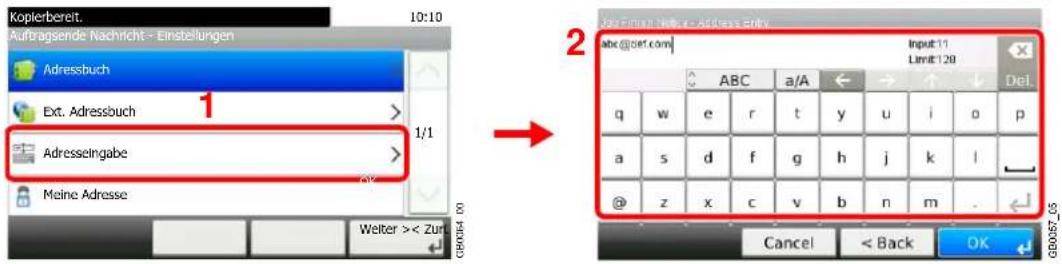 Kopierbereit. Auftragsende Nachricht - Einstellungen 10:10 Adressbuch Ext. Adressbuch 1/1 Adresseingabe Meine Adresse Welter >< Zur 2 abc@def.com Input: 11 Limit: 128 ABC a/A Del. q w e r t y u i o p a s d f g h j k l @ z x c v b n m . Cancel < Back OK