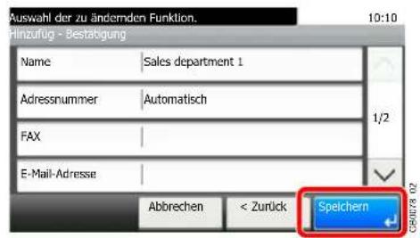 Auswahl der zu ändernden Funktion. Hinzufüg - Bestätigung 10:10 Name Sales department 1 Adressnummer Automatisch FAX E-Mail-Adresse Abbrechen < Zurück Speichern C54178 02