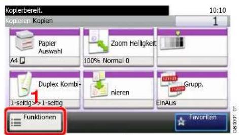 Kopierbereit. 10:10 Kopieren. Kopien Papier Auswahl A4 Zoom Heiligkeit 100% Normal 0 Duplex Kombi- 1-seltig->1-seltig nieren EinAus Grupp. Funktionen Favorite