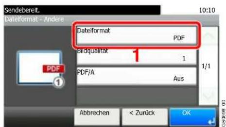 Sendebereit. DateFormat - Andere DateFormat PDF Bildqualität 1 PDF/A Aus 1/1 Abbrechen < Zurück OK 10:10
