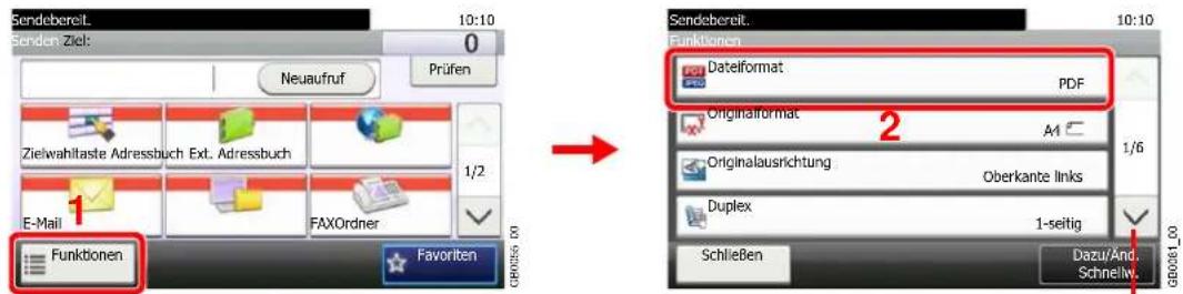 Sendebereit. 10:10 0 Senden Ziel: Neuaufruf Prüfen Zielwahltaste Adressbuch Ext. Adressbuch E-Mail 1/2 FAXOrdner Funktionen 10:10 Sendebereit. 10:10 Funktionen Dateiformat PDF OriginalFormat M Originalausrichtung Oberkante links Duplex 1-seitig Schließen Dazu/And. Schnelly.