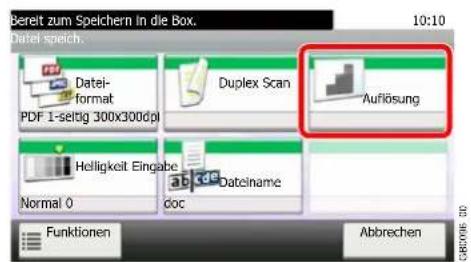 Bereit zum Spelchern in die Box. Datei speich. Datei- format PDF 1-seltig 300x300dpi Duplex Scan Auflösung Helligkeit Eingabe Normal 0 doc Abbrechen Funktionen