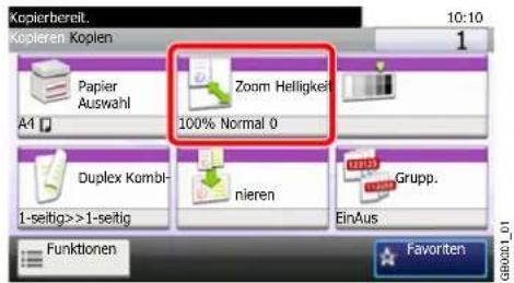 Kopierbereit. 10:10 100% Normal 0 Zoom Helligkeit Papier Auswahl A4 Duplex Kombl- 1-seitig>>1-seitig nieren EinAus Grupp. Funktionen Favorite GERMID_01