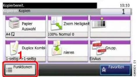 Kopierbereit. Kopieren. Kopien 10:10 1 Papier Auswahl Zoom Helligkeit A4 100% Normal 0 Duplex Kombi- 1-seitig>>1-seitig nieren EinAus Grupp. Funktionen Favorite GB0001-01