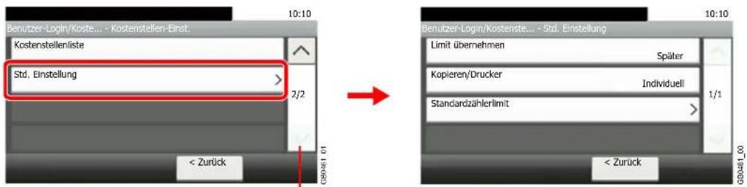 Benutzer-Login/Kostenste... - Kostenstellen-Einst. Kostenstellenliste Std. Einstellung 2/2 < Zurück 10:10 10:10 Benutzer-Login/Kostenste... - Std. Einstellung Limit übernehmen Später Kopieren/Drucker Individuell Standardzählerlimit 1/1 < Zurück 00