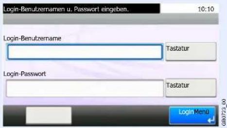 Login-Benutzernamen u. Passwort eingeben. 10:10 Login-Benutzername Tastatur Login-Password Tastatur Login Menu GB0723_00