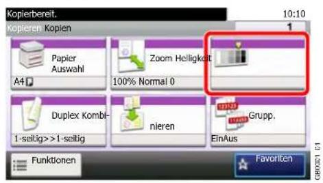 Kopierbereit. 10:10 10:10 Kopieren. Kopien Papier Auswahl A4 Zoom Helligkeit 100% Normal 0 Duplex Kombi- 1-seitig>>1-seitig nieren EinAus Grupp. Funktionen Favorite