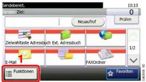 Sendebereit: 10:10 0 Senden Ziel: Neuaufruf Prüfen Zielwahltaste Adressbuch Ext. Adressbuch E-Mail 1 FAXOrdner Funktionen Favorite