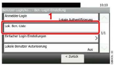 Benutzer-Login/Ko... - Ben.-Login-Einstellung 10:10 Anmelder-Login Lokale Authentifizierung Lok. Ben.-Liste Einfacher Login Einstellungen 1/1 Lokale Benutzer Autorisierung Aus < Zurück