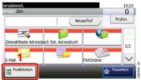 Sendebereit. 10:10 0 Senden Ziel: Neuaufruf Prüfen Zielwahlitaste Adressbuch Ext. Adressbuch E-Mail 1 FAXOrdner Funktionen 1/2 Favorite