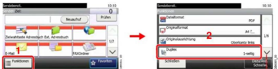 Sendebereit. 10:10 0 Senden Ziel: Neuaufruf Prüfen Zielwahltaste Adressbuch Ext. Adressbuch 1/2 E-Mail FAXOrdner Funktionen Favorite Sendebereit. 10:10 Funktionen Dateiformat PDF Originalformat A4 1/6 Originalausrichtung Oberkante links Duplex 1-seitig Schließen Dazu/And. Schnellw. GB0081_00