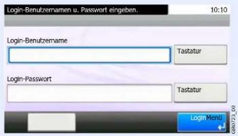 Login-Benutzemamen u. Passwort eingeben. 10:10 Login-Benutzemame Tastatur Login-Password Tastatur Login Menu GB0723.10